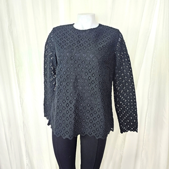 J. McLaughlin Black Diamond Pattern Lace Long Sleeve Top Size Large - Picture 1 of 7
